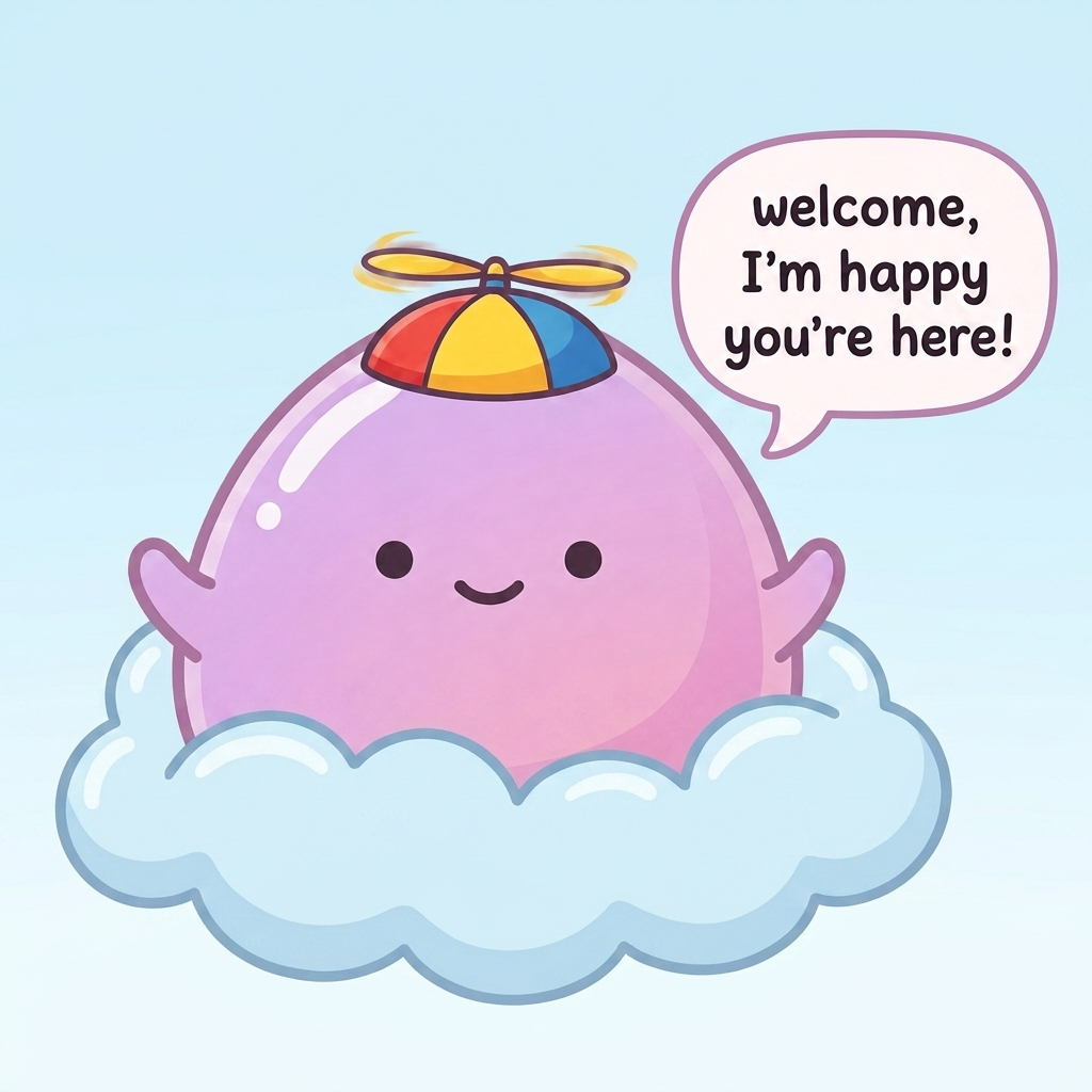 Mascot: a kawaii blob wearing a propeller hat, floating on a cloud with a speech bubble saying welcome, I'm happy you're here!